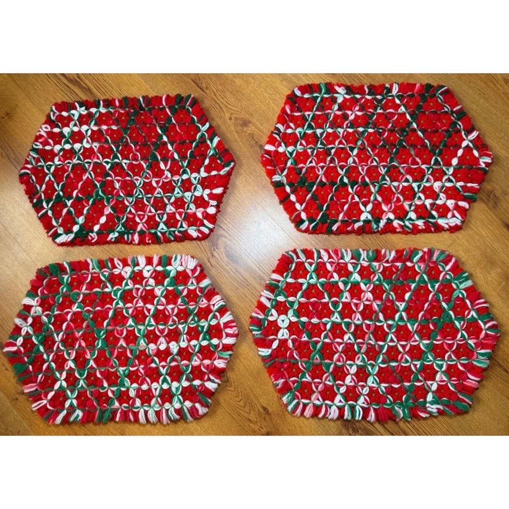 Vintage Handmade Loom Woven Christmas Placemats Red Green Crochet Reversible